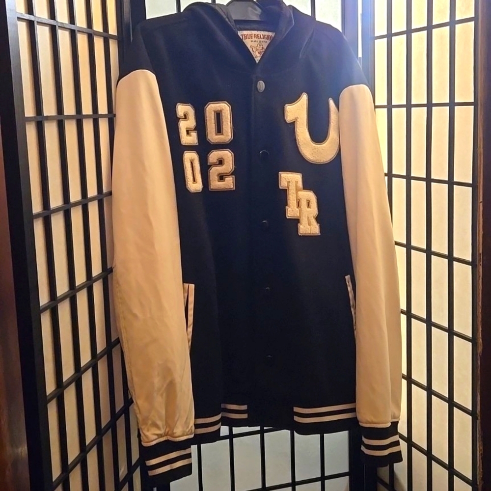 True Religion Men's Black & White Hooded Varsity Jacket XL